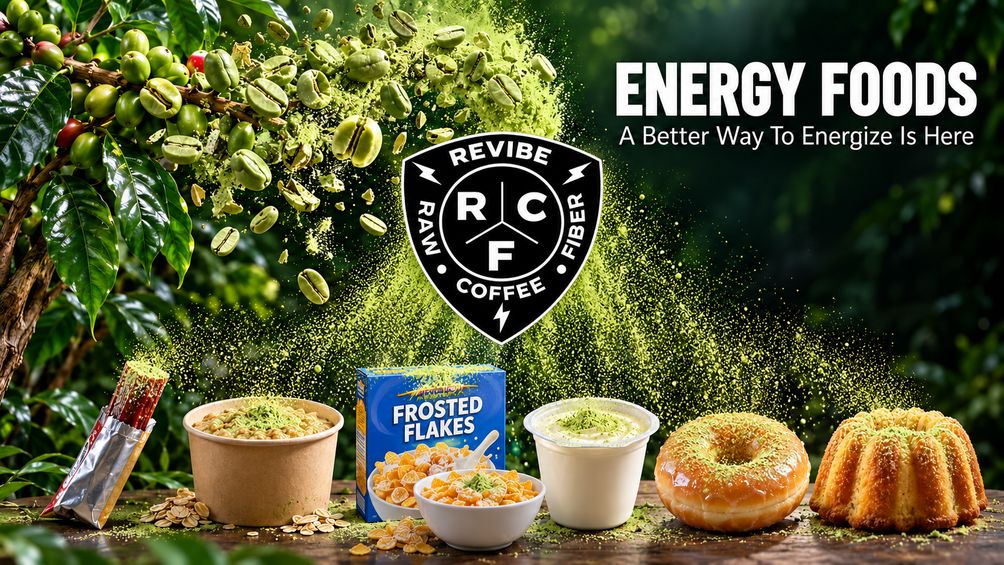 Raw coffee fiber shown with cereal, yogurt, donuts and cake — a better way to energize
