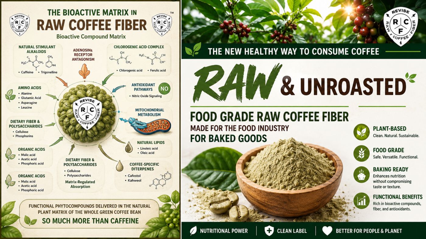 Food-grade raw coffee fiber powder in a wooden bowl with green coffee beans — plant-based, food grade, baking ready, functional benefits