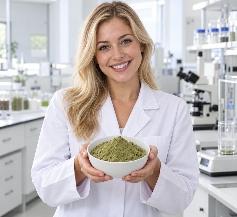 Food scientist holding a bowl of raw coffee fiber powder in a product-development lab